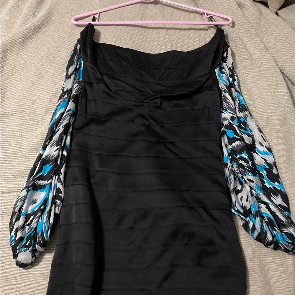 2b Bebe small black satin short dress boat neck